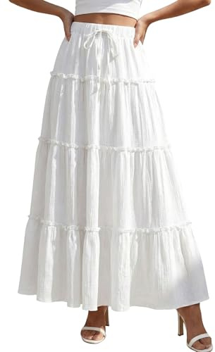 DERAX Womens Boho Flowy Maxi Skirt Ruffle Tiered Elastic High Waisted A-Line 2026 Spring Summer Long Skirts White M