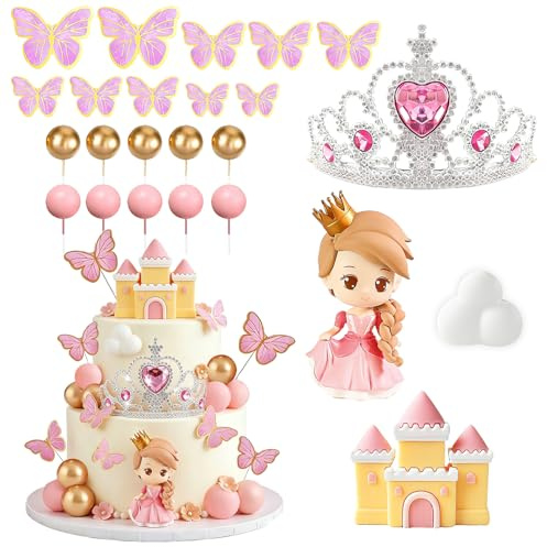 Castillo para Decoración de Tartas Niña, 24 PCS Rosa Decoracion Tartas: Decoración Tarta de Bolas Corona, Mariposa Cake Topper, Decoración de Nube, para Aniversarios y Baby Showers
