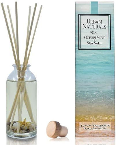 Urban Naturals Ocean Mist & Sea Salt Reed Diffuser Set | Made with Essential Oils & Real Seashells | Decorative Air Freshener Room Diffuser