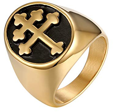 JewelryWe Anillo para hombre, acero inoxidable, color dorado, cruz