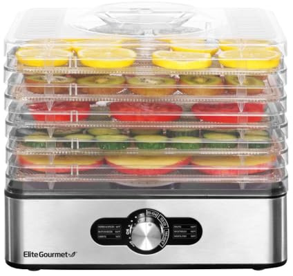 Elite Gourmet EFD3321 Food Dehydrator, Stainless Steel Trays Adjustable Temperature Controls, Jerky, Herbs, Fruit, Veggies, Dried Snacks, Stainless Steel