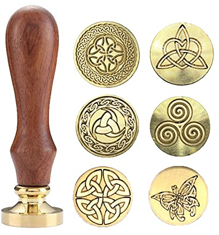 Celtic Knot Seal Wax Stamp with 6 Patterns Removable Brass Head + 1 Wood Handle, Represent Eternal Faith, Friendship, Love and Loyalty