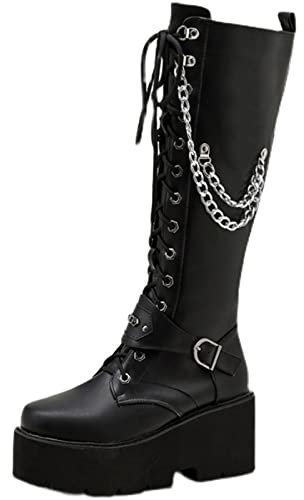 AORUIDA Botas A Media Pierna para Mujer con Cordones Plataforma de cuña de tacón Alto Largas Botas Punk Rock gótico Hebilla Cadena Botas Altas,Negro,34 EU