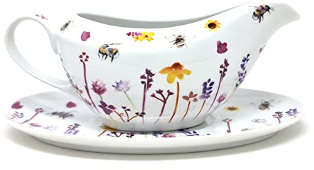 Fine China Gravy Boat Pitcher with Lip & Saucer Stand - Busy Bees The Jennifer Rose Gallery Design
