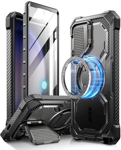 i-Blason Armorbox for Samsung Galaxy S24 Ultra Case MagSafe with Camera Cover Stand [Support Wireless Charger] 360 Full-Body Case with Screen Protector & Kickstand Phone Case for S24 Ultra, Black