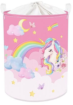 Clastyle Rosa Einhorn Kinder Wäschekorb mit Henkel Faltbar Kleidung Spielzeug Aufbewahrungskorb Mädchen Aufbewahrungsbox für Babyzimmer Bad, Mond, 40 * 50 cm