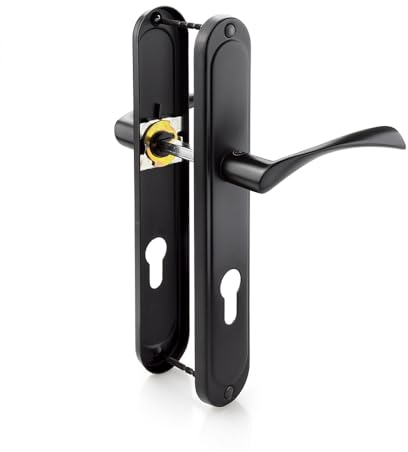 VERAMET® Türgriff 72mm Kometa Drückergarnitur für Zimmertüren Set | Langschildgarnitur,Türklinke für Zimmertür, Bürotür| L-Form | Schwarz mat PZ - für Wohungseingangstüren beids. Drücker, 72mm