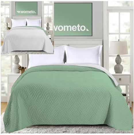 wometo Tagesdecke 170x210 cm OekoTex - Microfaser-Bezug grün hellgrau wattiert gesteppt Wende-Design XXL Sofa Couch Bett Bettüberwurf