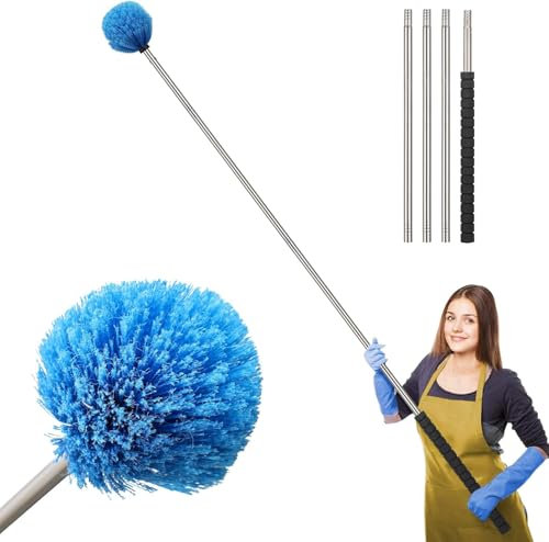 Cobweb Duster, 8 FT Stainless Steel Pole Cobweb Brush with Medium-Stiff Bristles for Walls Beams Shelves Iight Fixtures and Window Screens