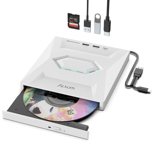 Alxum External CD Drives for Laptop- Type-C USB 3.0 CD Reader with SD Slot & Type A Ports CD 24X Super Fast Speed External Disc Drive for Laptop/PC/Window/Mac OS/Linux/Vista