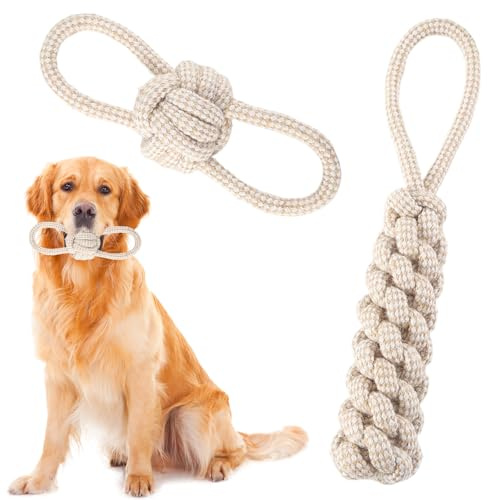 2 Pièces Jouets pour chien en Corde avec Balle à Nœuds, 100% chanvre naturel, Jouet à tirer pour chiens de petite taille