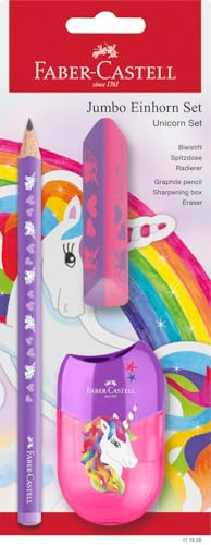 FABER-CASTELL 111528 - Set de escritura Unicornio con lápiz jumbo, sacapuntas y goma de borrar, set escolar para niños