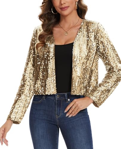 LADI TREND Boléro à sequins entièrement doublé, cardigan en paillettes à manches longues, haut court ouvert sur le devant, pour mariages, cocktails, soirées en club et sorties nocturnes, Y-jaune., M