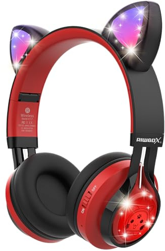 Riwbox CT-7 Cat Ear Kids Bluetooth Headphones, LED Light Up Bluetooth Wireless Over Ear Headphones with Microphone and Volume Control Compatible for Travel/School/Smartphones/Laptop/PC/TV （Red&Black）