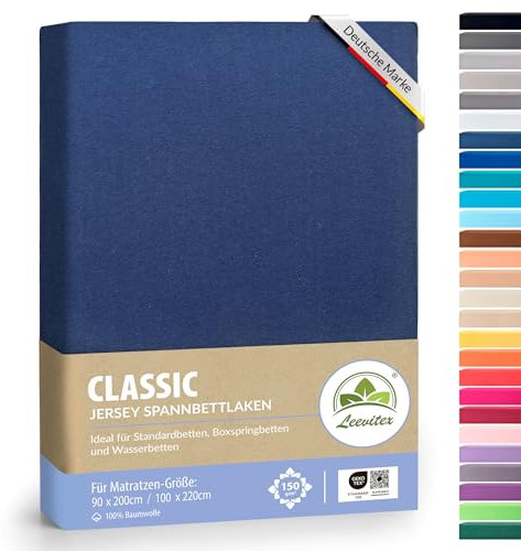 leevitex® Classic Jersey Spannbettlaken 90x200 – 100x220 cm | 150 GSM Baumwolle | Öko-Tex Zertifiziert | für Standard-, Boxspring- und Wasserbetten | 40 cm Steghöhe | 1er Pack | Navyblau