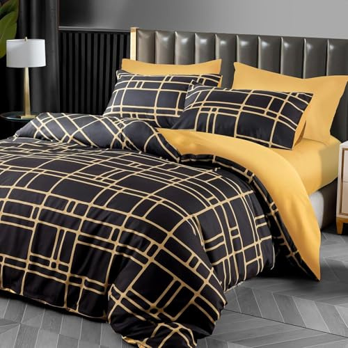 Pamposh Juego de ropa de cama de microfibra premium con cremallera, para alérgicos, Negro, Ajedrez, Double (200 x 200 cm) - 3 Piece, 2 fundas de almohada de 80 x 80 cm