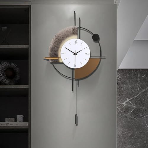 Gilacco Wall Clock for Living Room, Silent Quality Quartz Battery Operated with Pendulum, Analog Metal Modern Decorative Wall Clocks for Kitchen Bedroom Home Wall Decor,45x78CM(Brown)