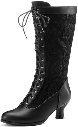 COOLCEPT Women Vintage 70s Victorian Boots Knee High Costume Boots Lace Up Lace-Black Size 41