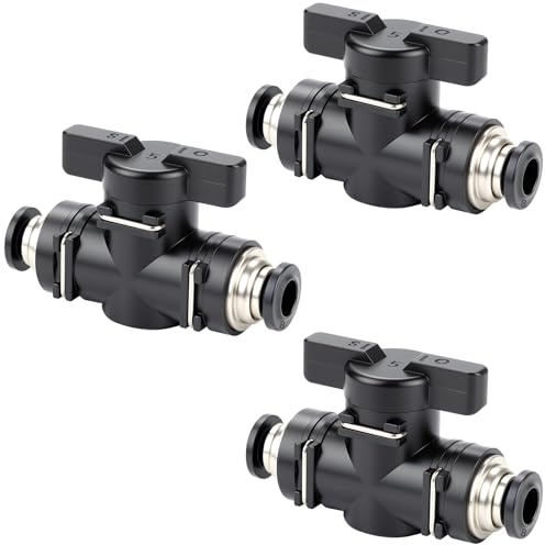 Paquete de 3 conectores neumáticos, 10 mm, negro, válvula de bola neumática recta con válvula de cierre, alta dureza, conector de aire comprimido para conectar, controlar mangueras neumáticas, líneas