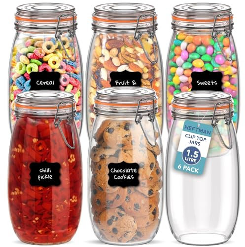 HEFTMAN Clip Top Glass Jars Set of 6-1.5L Airtight Glass Jars with Lids & Silicone Seal for Pasta, Sourdough Starter, Chutney, Pickling, Kitchen Organisation - Empty Food Storage Jar Set (6 Pack)
