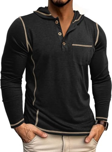 YawYews Tee Shirt Homme Manche Longue à Capuche Tshirt avec Poche Polo Long Sleeve Léger Regular Fit Noir M
