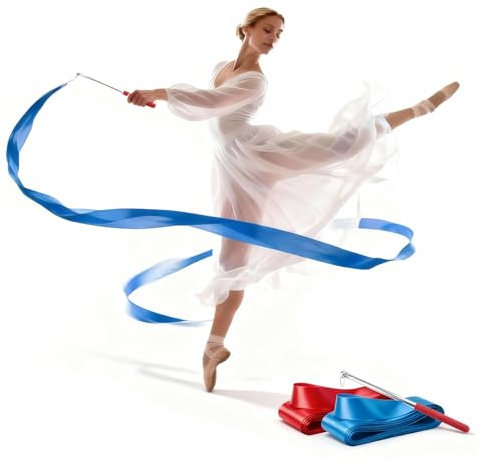 2 Pcs 6m Dance Ribbons with 1 Retractable Pole, Gymnastics Ribbon for Dance Art, Twirling, Worship Flags, Church Liturgical Praise & Ceremonial Banners,Red & Blue