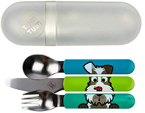 TUM TUM Kinder Reisebesteck - Edelstahl Babybesteck - Kinderbesteck mit Motiv (Hund) - extra Aufbewahrung - Esslernbesteck Set - Kindergeschirr 3-10 Jahre - BPA frei