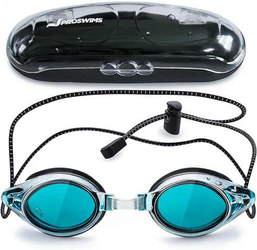 Proswims Schwimmbrille mit Antibeschlag-Beschichtung, graue Gläser mit schnell verstellbarem elastischem Bungee-Riemen, Hartschalentasche und Mikrofaser-Reinigungstuch