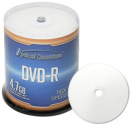 Optical Quantum DVD-R 4.7GB 16X White Inkjet Printable Hub Printable - 100pk Cake Box (FFP), 100 Discs