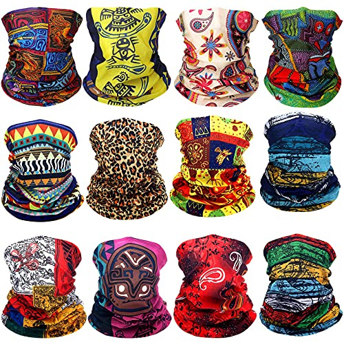 Syhood 12 Pcs African Neck Gaiter Bandanas for Women Head Wrap Boho Balaclava Coverings Print Face Scarf Multi Color Medium