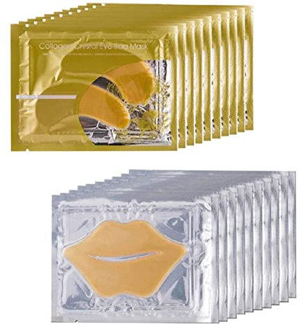 24K Gold Eye Masks and Lip Masks Set - 10 Pairs Collagen Eye Mask and 10 Pcs Gold Lip Mask, Anti Aging Collagen Mask Set.