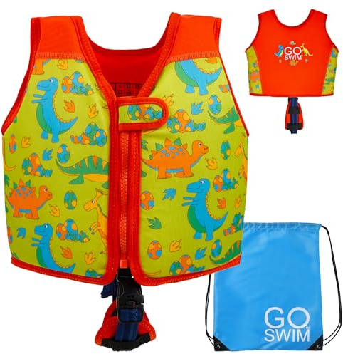 Go Swim Giubbotto Galleggiante - Include borsa da nuoto gratuita Giubbotto da nuoto per bambini con galleggiabilità fissa e cinturino di sicurezza (Daring Dinos, L (19-30kgs))