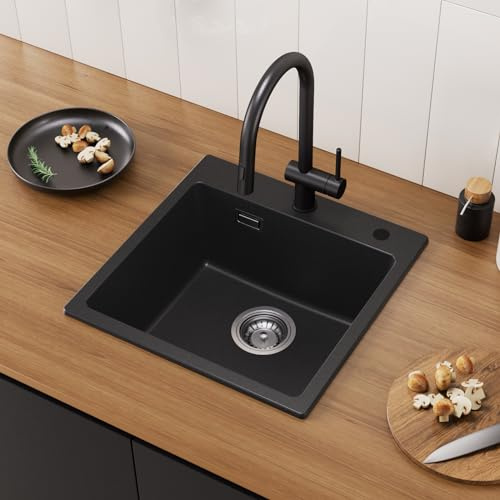 CECIPA Fregadero de cocina de granito 45x45cm, juego de fregadero empotrado moderno con 2 orificios para grifo, negro, cuadrado, lavabo para la cocina