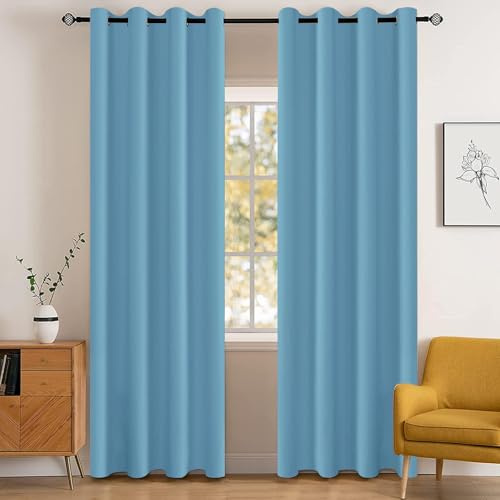YSTELLAA Vattentätt Mörkläggningsgardin 2 Stycken, 140 X 225CM, Termiska Gardiner Med Öljetter, Ljustäta Sovrum, Ogenomskinliga Ljudisoleringsgardin, För Sovrum Och Vardagsrum, Ljusblå