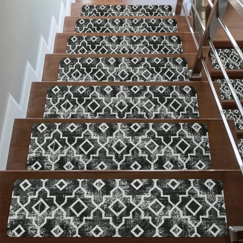 Tiveney 15PCS 8x30 Black Non Slip Stair Treads, Modern Washable Reusable Carpet for Wooden Steps, Indoor Safety Staircase Step Treads for Kids Elders Dogs