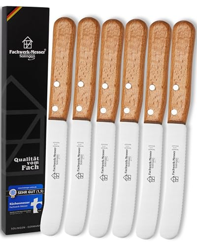 Fachwerk-Messer Buckelsmesser 6er-Set mit Wellenschliff - Testsieger - Frühstücksmesser aus Solingen/Germany - Brötchenmesser/Brotzeitmesser Buchenholz