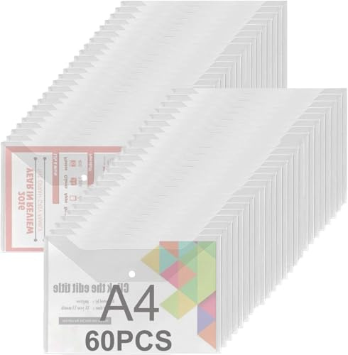 ASelected 60 Piezas Portadocumentos A4 Fundas Transparentes | Carpeta sobre con Botón & Porta Documentos A4 Transparente para Oficina y Escuela