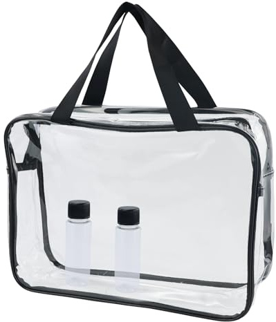 Grande trousse de toilette transparente imperméable à l'eau avec fermeture éclair en PVC épais - Organiseur cosmétique - Rangement de plage - Accessoires de voyage - Transparent - Décontracté - Avec 2