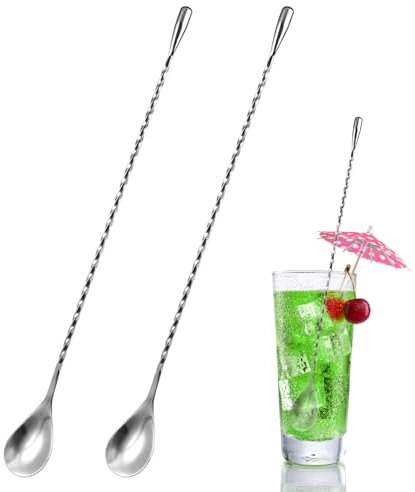 2 Pezzi Cucchiaio Miscelatore a Goccia in Acciaio,30cm/12in Cucchiaio da Cocktail in Acciaio Inossidabile Manico lungo,Cucchiaini da Bar per Shaker,Cucchiaio Barware Mescolando,per Cocktail,Frappè
