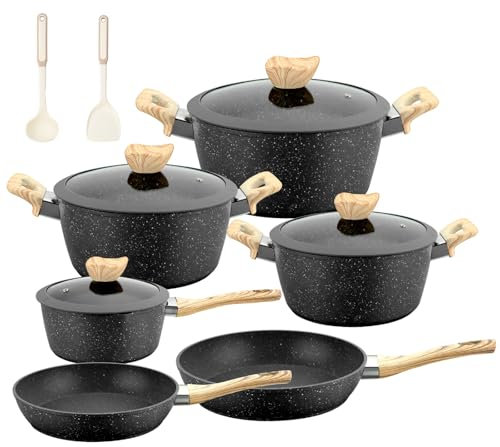 Kitchen Topfset Induktion Kochtopf Set: 12 Teilige Granit Antihaft Topfset und Pfannen Set PFOA und PFOS Freie Perfekt für Anfänger und Profiköche (Schwarz)