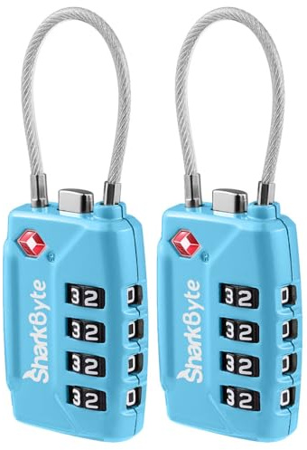 SharkByte TSA Approved Luggage Locks | Wire, 4-Digit Combo (10K Combinations) | Secure Suitcase & Gym Bags (2 Pack)