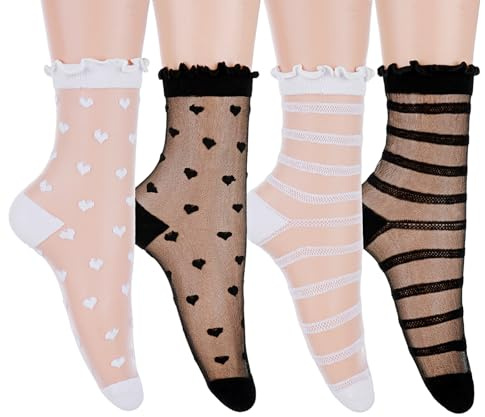 Nogeqi 4 pares de calcetines con volantes transparentes de nailon con volantes para mujer, calcetines transparentes, calcetines finos, medias de nailon para mujer, medias finas transpirables para