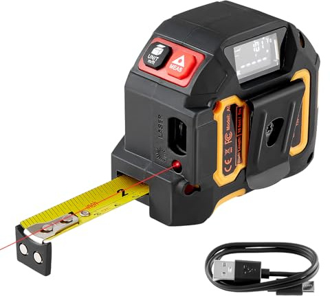 VEVOR Metro a Nastro Laser, 1 PZ, Strumento di Misurazione Laser Ricaricabile da 41 m e Metro a Nastro da 4,8 m con Magnetico, 4 Modalità, Lunghezza, Area, Volume, Continuo, Unità ft/in/m/ft+in