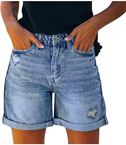 Generisch Short en jean décontracté pour femmes Jeans à trous pour le corps Pantalons courts Pantalons de mode féminins, bleu, XXL