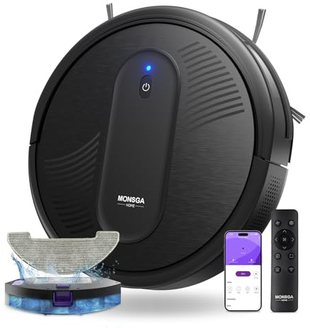 MONSGA MR1 Robot Vacuum Cleaner with Mop, 3 in 1 Vacuum and Mop Robotic Vacuum with Auto Boost, 140mins Runtime, 4000Pa Powerful Suction, 3.2 inch Thin, APP/Remote/Voice Control, for Hard Floors