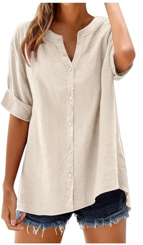 Chemisier Femme Chic et élégant Coton et Lin Manches Courtes Col en V Coupe Ample Solide Haut épais Blouse D'Été Respirant Grande Taille Chemise Lin Tunique Blouse avec Boutonnée (A-Beige, L)