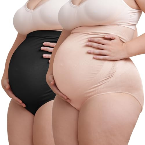 SUNNYBUY Women's Maternity High Waist Underwear Pregnancy Seamless Soft Hipster Panties Over Bump (1Black 1Skin-2pk L)