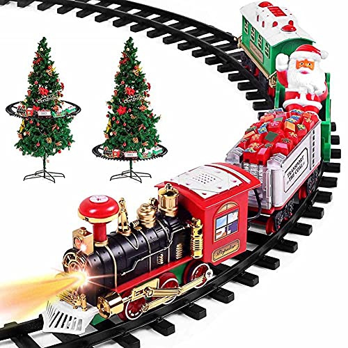 Trenino Natalizio con Supporto Installazione per Centro Albero di Natale Treno Elettrico 2 Vagoni + Slitta Babbo Natale con Luci e Suoni Decorazioni Natalizie Diametro Pista 89 cm