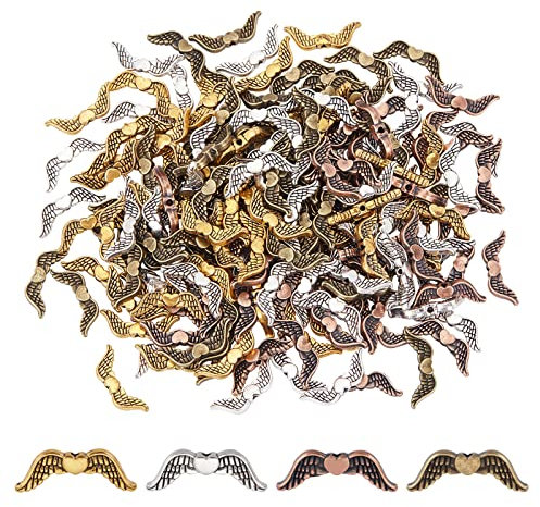 PandaHall Flügel Abstandshalter Perlen, 200 Stück 4 Farben Tibetischen Stil Engelsflügel Perlen 20mm Legierung Bastelperlen mit Herz für Weihnachten Hochzeit Dekor Ohrringe Schmuckherstellung