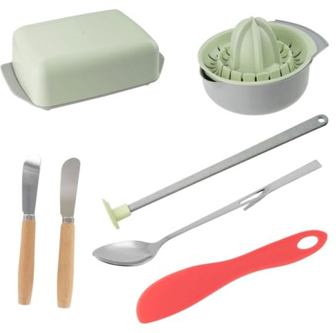 Fackelmann 9982350 Ensemble de 6 ustensiles spécial petit déjeuner, beurrier, couteau à beurre, presse agrumes, racloir, cuillère à confiture, Acier inoxydable, HDPE, Plastique, Nylon, 16 cm à 23 cm
